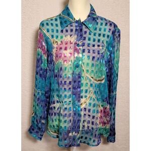 Expose Women's Size Large Long Sleeve Multicolor Sheer Button Front Blouse 0662